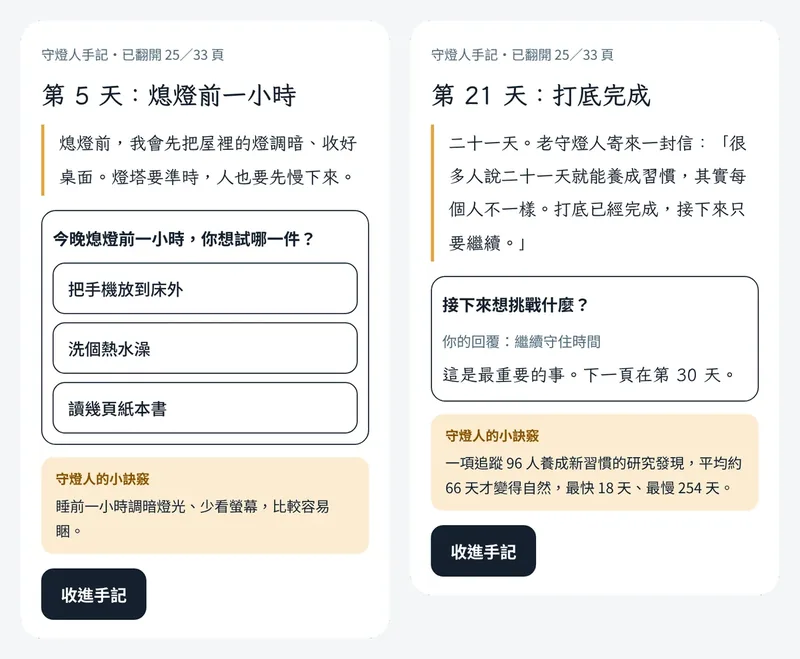 守燈人手記畫面：每頁有一個小問題和一則作息訣竅